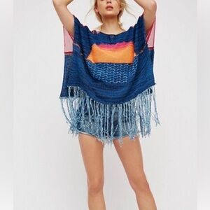 Free People NWOT Sunset Fringe XS Tunic Blue Combo Fun & Unique!